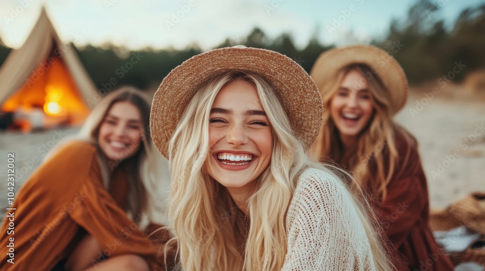 Smiling friends enjoying a beach camping trip at sunset, wearing cozy sweaters and hats, AI Smiling friends enjoying a beach camping trip at sunset, wearing cozy sweaters and hats, AI
