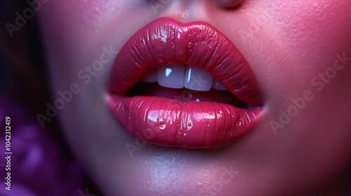 Close-up view of glossy pink lips showcasing hydration and shine with a hint of moisture during a beauty shoot