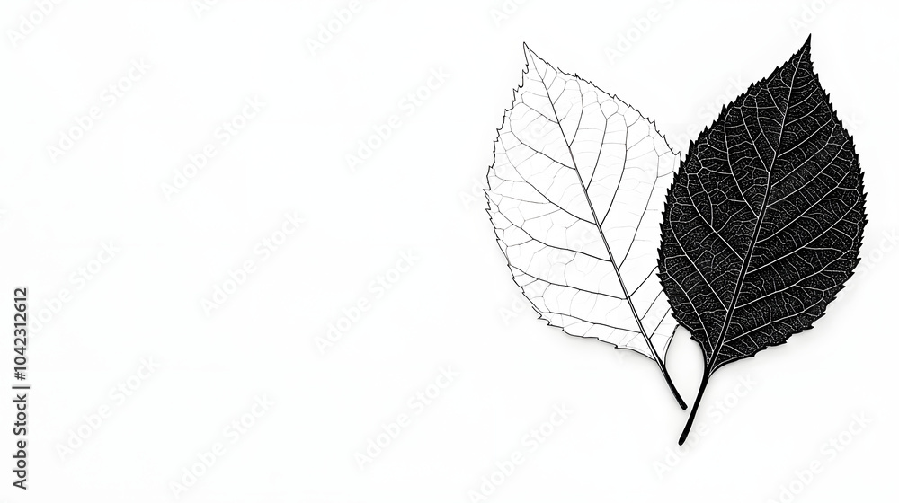 Obraz premium Sophisticated Black and White Minimalist Tree Leaf Illustration Featuring Topographical Mapping Elements