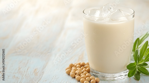 Creamy Soy Milk with Fresh Beans and Clear Ice on a Light Wooden Table for a Cozy Setting