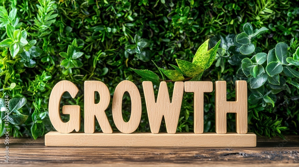 Obraz premium Wooden letters spelling growth in front of green foliage, symbolizing nature and evolution.
