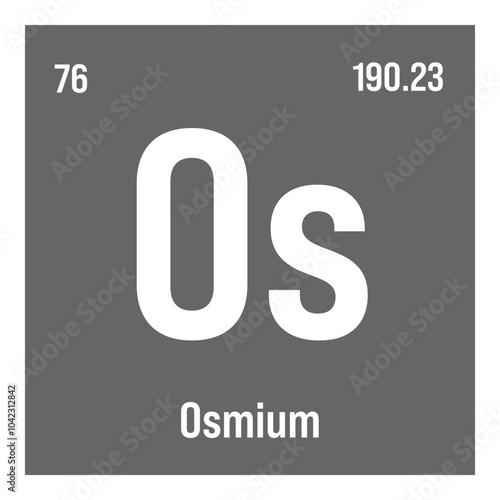 Osmium, Os, periodic table element with name, symbol, atomic number and weight. Transition metal with various industrial uses, such as in fountain pen tips, electrical contacts, and as a component of