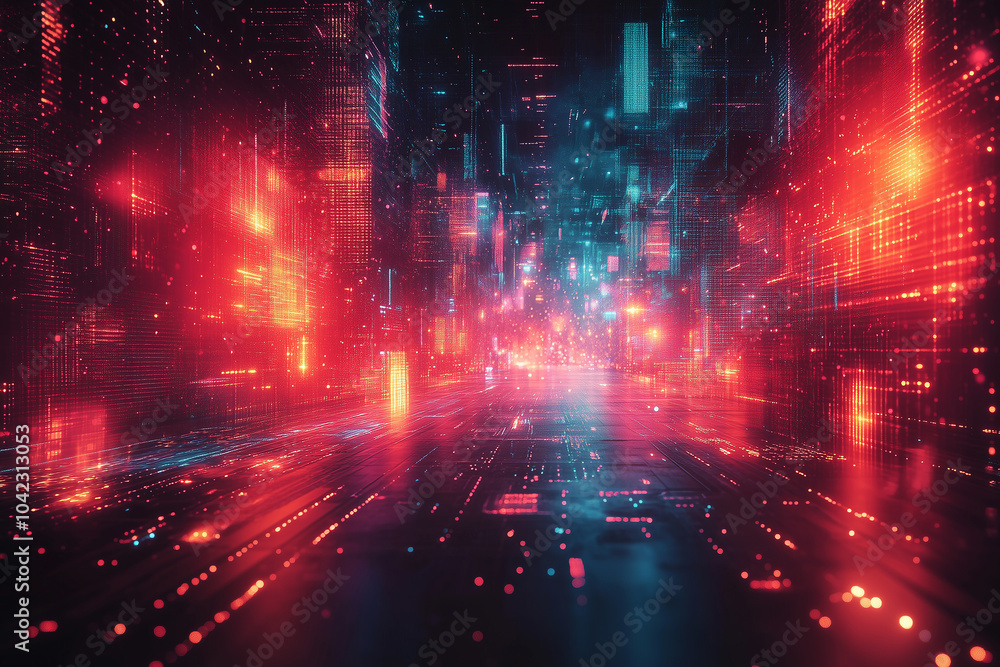 Obraz premium Futuristic digital cityscape illuminated by neon lights at night, showcasing vibrant colors and abstract patterns
