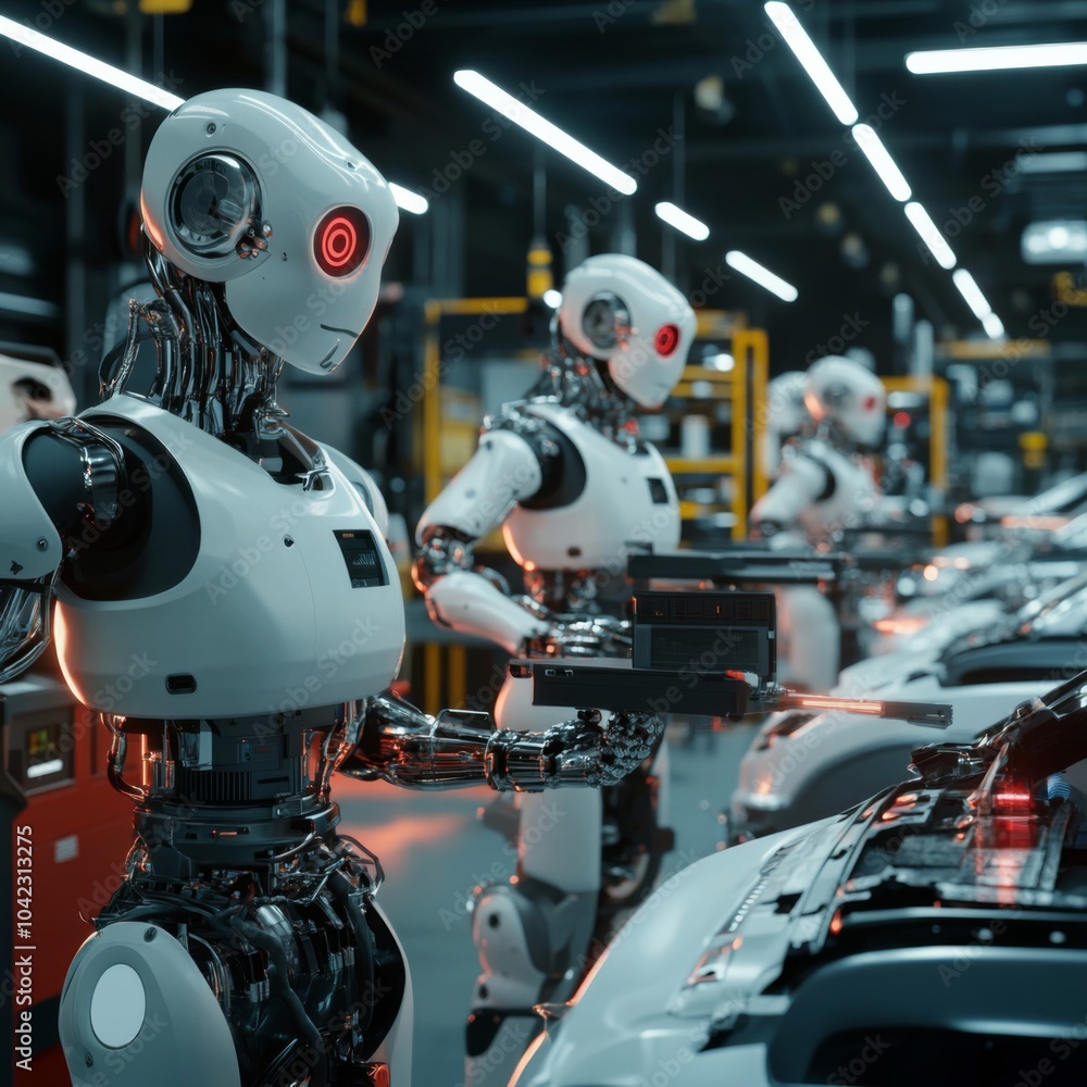 A Row of Robots Working on a Car Assembly Line A Row of Robots Working on a Car Assembly Line