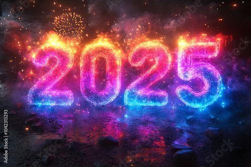 3D "2025" text in vibrant colors, set against a backdrop of colorful fireworks on a black gradient background, rendered in a hyper-realistic, high-resolution photographic style. 