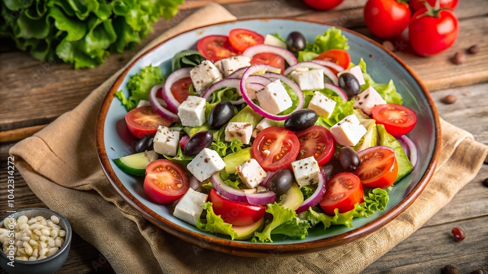 Fresh Greek salad with tomatoes, cucumbers, olives, and feta cheese served on a rustic wooden table in a sunlit kitchen Fresh Greek salad with tomatoes, cucumbers, olives, and feta cheese served on a rustic wooden table in a sunlit kitchen
