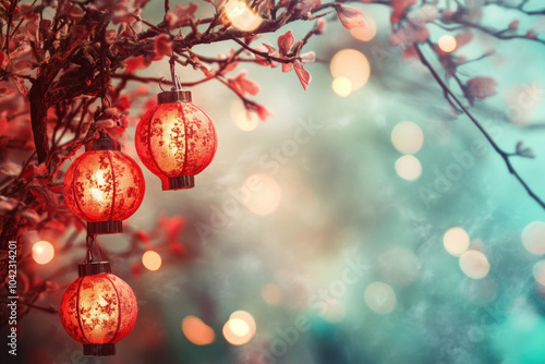 Chinese lanterns hanging from a tree at twilight, casting a warm glow in a serene garden full of blooming flowers and winding paths.