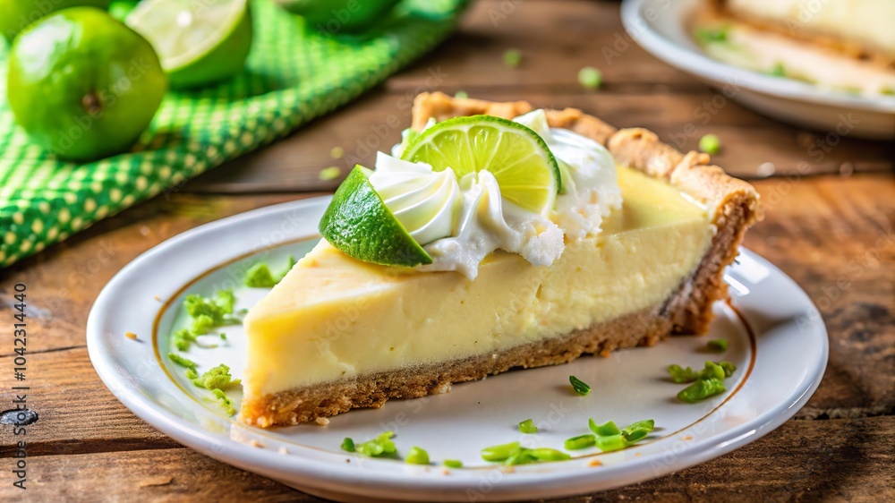 A delicious slice of key lime pie sits on a plate, topped with whipped cream and lime slices A delicious slice of key lime pie sits on a plate, topped with whipped cream and lime slices