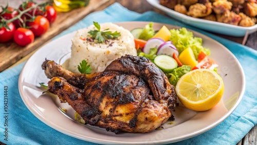 Delicious plate of jerk chicken with rice and salad served on a bright blue tablecloth at a cozy Caribbean restaurant