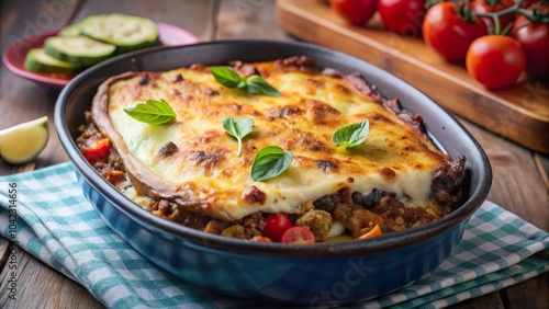 Delicious lamb moussaka served with fresh vegetables on a rustic wooden table during a cozy evening meal