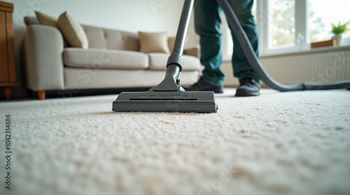 Wallpaper Mural Person vacuuming a carpet in a cozy living room filled with natural light during the afternoon hours Torontodigital.ca