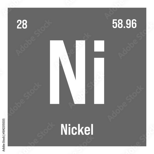 Nickel, Ni, periodic table element with name, symbol, atomic number and weight. Transition metal with various industrial uses, such as in coins, electrical wiring, and as a component of certain alloys