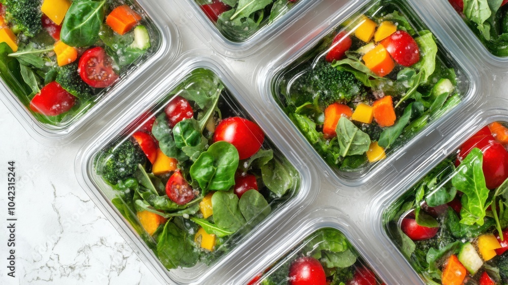Top view of vegetable salad lunch boxes packaged in plastic Top view of vegetable salad lunch boxes packaged in plastic