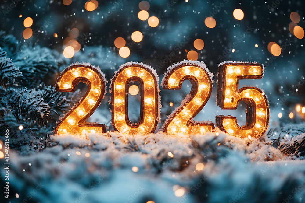 A beautifully lit sign displaying the year 2025 stands out against a backdrop of snow-covered evergreen branches, creating a magical winter atmosphere with twinkling lights. A beautifully lit sign displaying the year 2025 stands out against a backdrop of snow-covered evergreen branches, creating a magical winter atmosphere with twinkling lights.