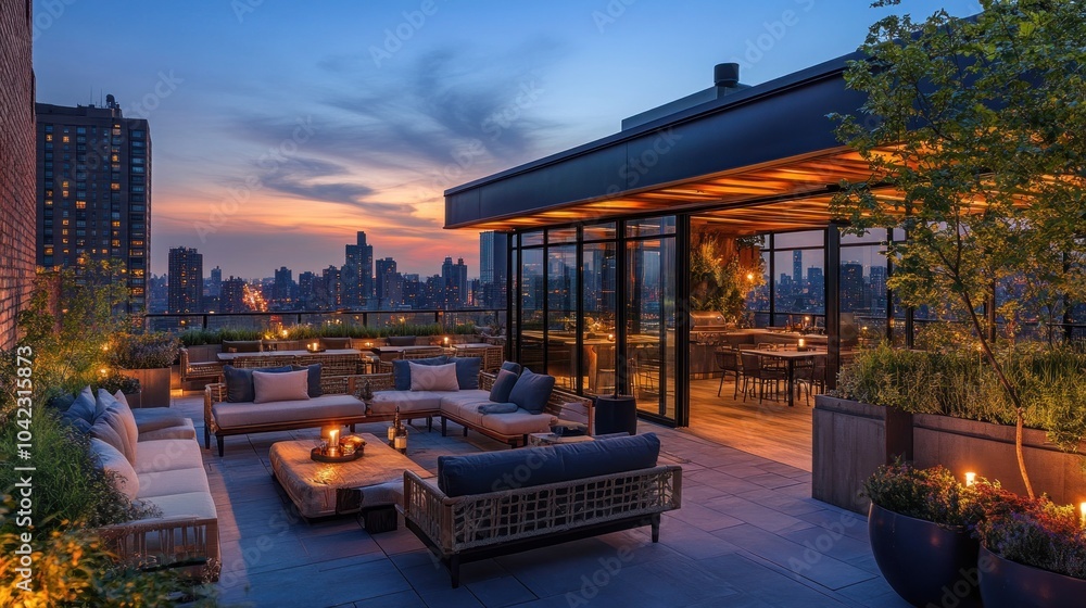Obraz premium A modern rooftop terrace with comfortable seating, potted plants, and a city skyline view at sunset.