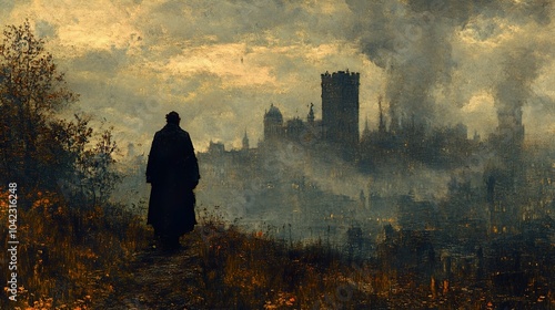 A Solitary Figure Gazes at a Fog-Shrouded Cityscape