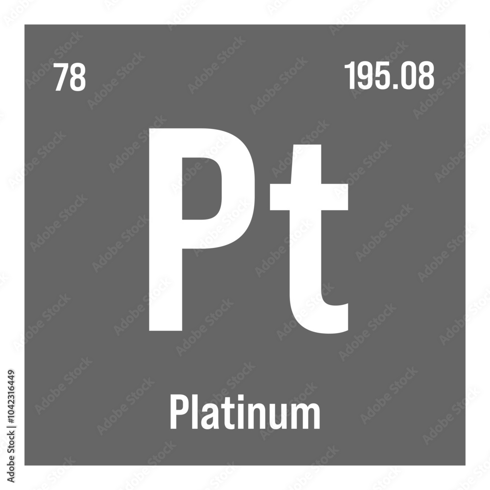 Obraz premium Platinum, Pt, periodic table element with name, symbol, atomic number and weight. Transition metal with various industrial uses, such as in jewelry, catalytic converters, and as a component of certain