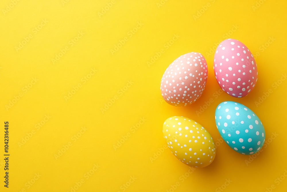 Colorful Easter eggs on a vibrant yellow background, no people 2 Colorful Easter eggs on a vibrant yellow background, no people 2
