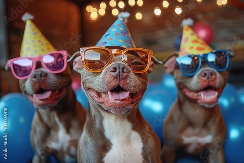 Happy Group of Cute Pitbull Dogs Wearing Party Hats and Colorful Sunglasses – Celebrating a Birthday or New Year's Eve


