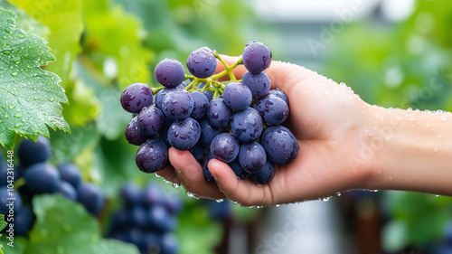 A hand cradling a freshly harvested bunch of glistening grapes in nature