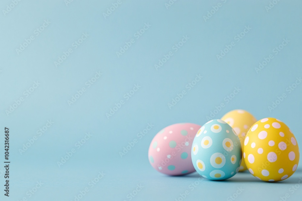 Colorful Easter eggs on a light blue background, no people 4 Colorful Easter eggs on a light blue background, no people 4