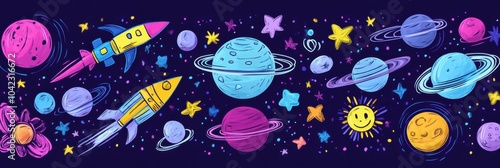 Vibrant doodles showcase a cosmic theme with colorful planets, playful rockets, and bright stars, creating a magical outer space scene. Generative AI photo