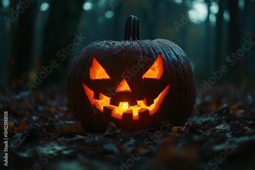 Carved jack-o-lantern pumpkin glowing in the dark, spooky haunted forest background, dramatic lighting, close-up view 1