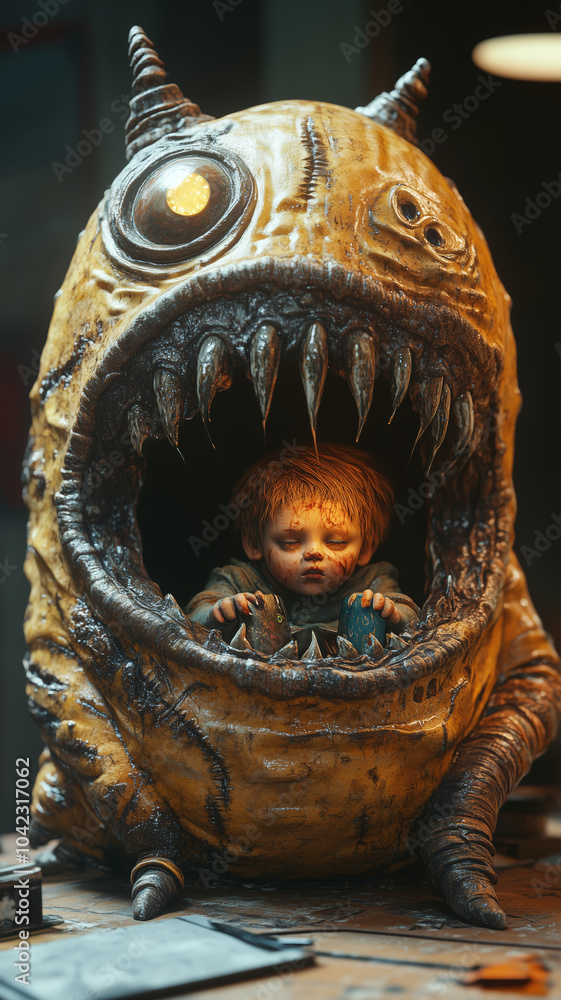 Obraz premium A child interacts with a whimsical monster-shaped phone featuring sharp teeth