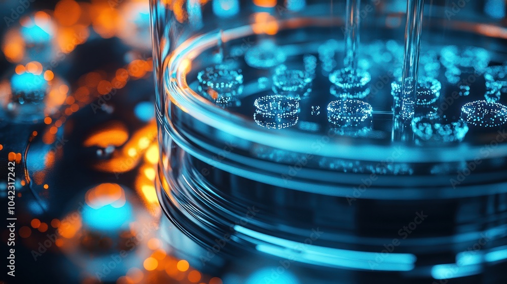A close-up of a petri dish with blue liquid and glowing, circular patterns inside. The dish is in a glass cylinder and sits on a black surface with a blurred background of blue and orange lights. A close-up of a petri dish with blue liquid and glowing, circular patterns inside. The dish is in a glass cylinder and sits on a black surface with a blurred background of blue and orange lights.