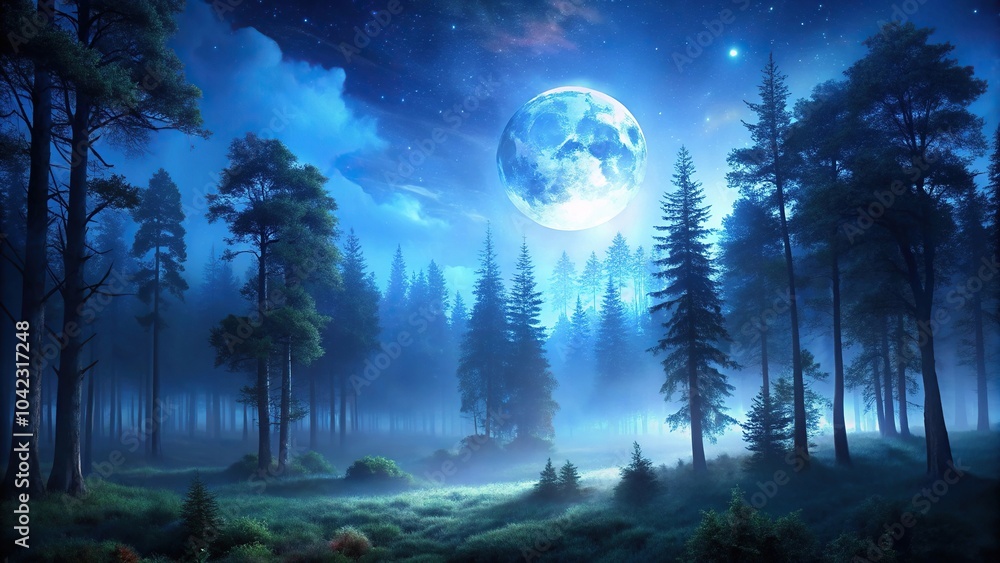 Dark spooky forest with tilted moonlight and blue mist Dark spooky forest with tilted moonlight and blue mist