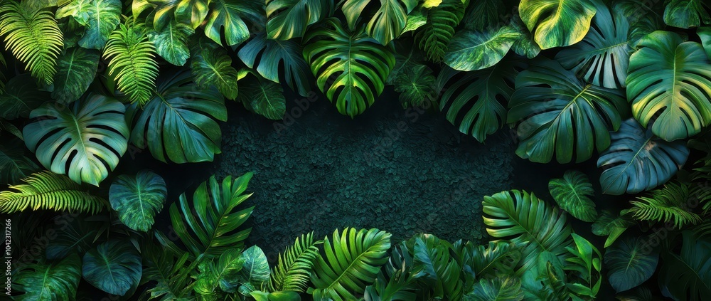 Fototapeta premium Lush Green Jungle Wall Background with Tropical Leaves – Photorealistic 3D Rendering