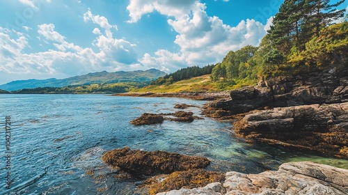 Rocky coastline with turquoise water and lush greenery under a blue sky. photo