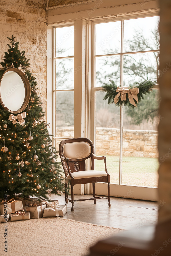 Fototapeta premium christmas tree with christmas decorations in a living room