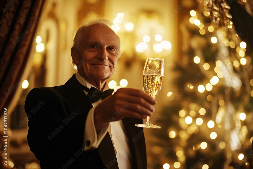 An elderly man in a tuxedo toasting with a glass of champagne in a luxurious ballroom on New Year's Eve 5 An elderly man in a tuxedo toasting with a glass of champagne in a luxurious ballroom on New Year's Eve 5