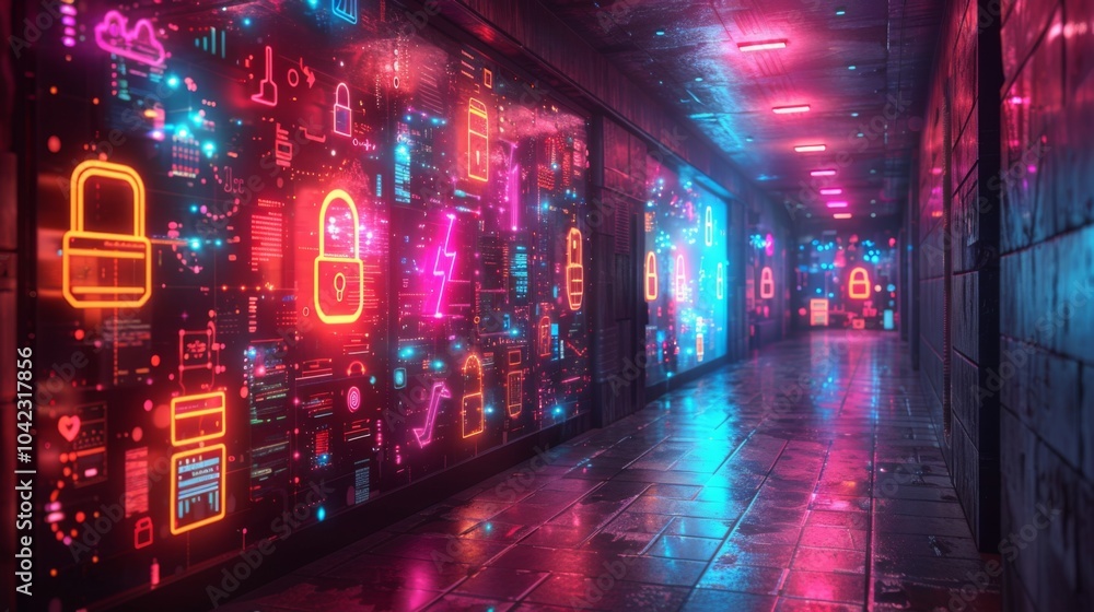Conceptualize a neon exhibit of cybersecurity symbols, featuring shining padlocks Conceptualize a neon exhibit of cybersecurity symbols, featuring shining padlocks