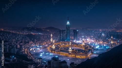 A panoramic night view of Mecca, Saudi Arabia, with the Kaaba and surrounding buildings illuminated.