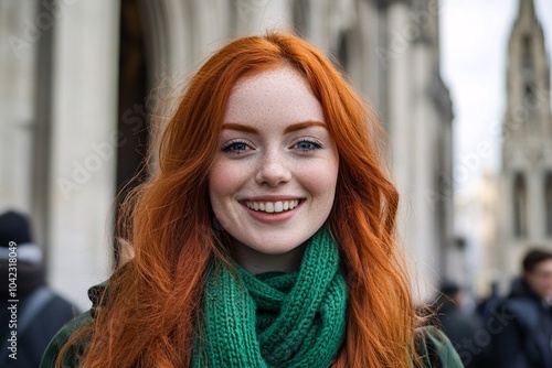 A young woman with red hair and green accessories smiling in front of a historic cathedral on St Patrick's Day 1 photo