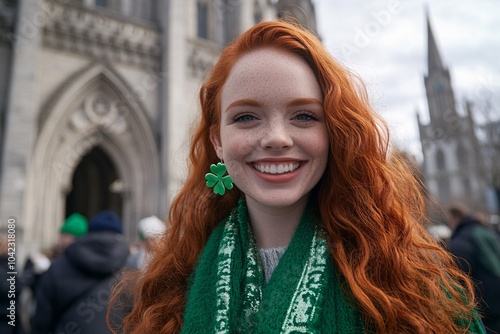 A young woman with red hair and green accessories smiling in front of a historic cathedral on St Patrick's Day 2 photo