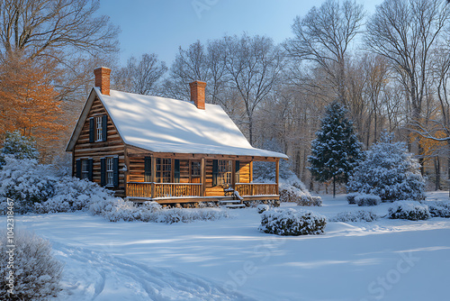 A charming old wooden house in a tranquil, snow-covered rural area, with frosted trees creating a serene winter scene.