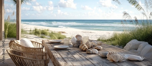 A wooden table set for two with seashells and a wicker chair on a beach with a view of the ocean.