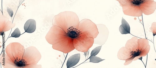 Watercolor painting of delicate pink flowers with blue-grey leaves on a white background.