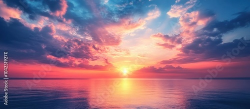 Dramatic sunset over a calm ocean with vibrant pink and blue skies.