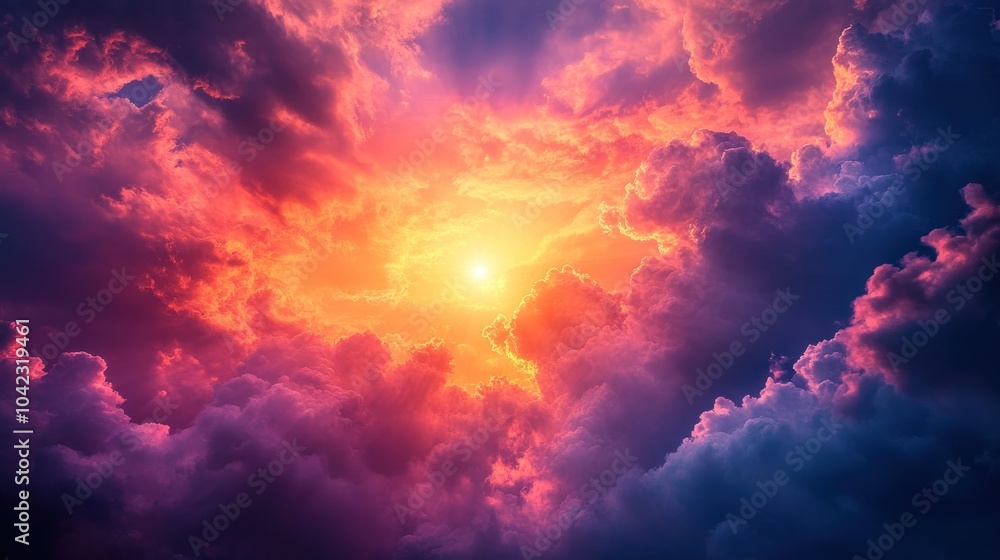 A vibrant, colorful sunset sky with sun shining through the clouds. A vibrant, colorful sunset sky with sun shining through the clouds.