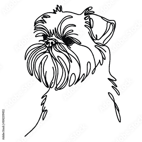 A simple continuous line drawing of a dog of the breed Brussels Griffon. The artwork is minimalistic, capturing the essence of the object with a single unbroken line. 