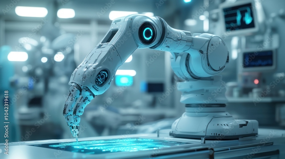 Fototapeta premium A robotic arm with a blue light on the tip, working in a laboratory setting.