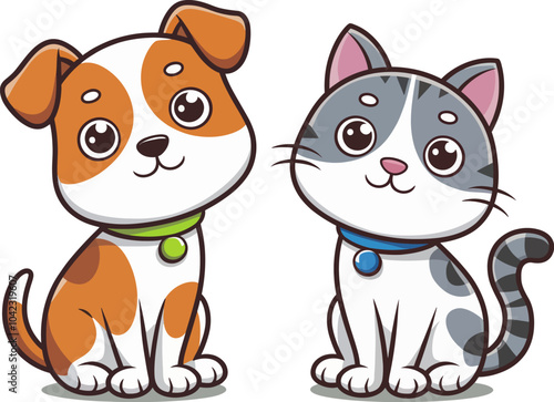Cute Vector Illustration of a Dog and Cat Characters Sitting Together