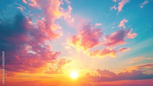 A vibrant sunset with warm colors filling the sky with puffy clouds.