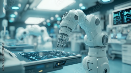 A robotic arm in a futuristic operating room, using technology to perform surgery.