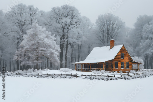 A charming old wooden house in a tranquil, snow-covered rural area, with frosted trees creating a serene winter scene.