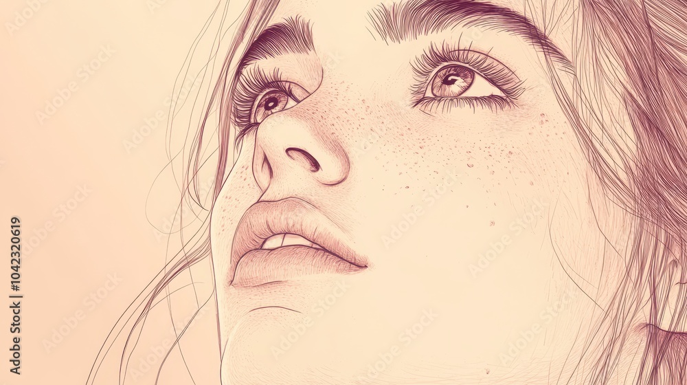 Close-up portrait of a girl in drawing style. Natural Beauty. Illustration for cover, postcard, greeting card, postcard, interior design, decor or print. Close-up portrait of a girl in drawing style. Natural Beauty. Illustration for cover, postcard, greeting card, postcard, interior design, decor or print.